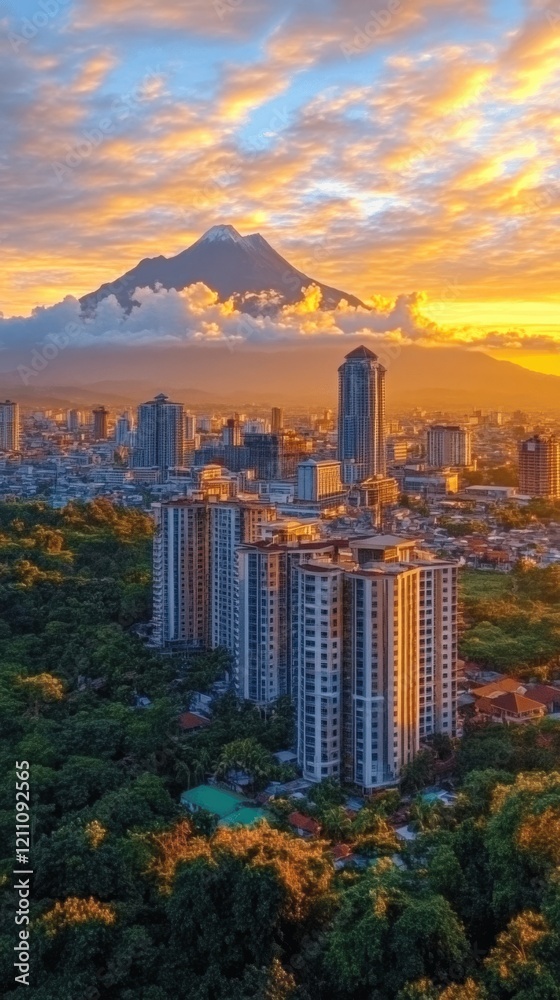 Naklejka premium Stunning Urban Skyline Against Lush Greenery and Volcanic Backdrop with Golden Sunset in Yogyakarta Captured at Sunrise - High-rise Buildings Majestic Atmosphere
