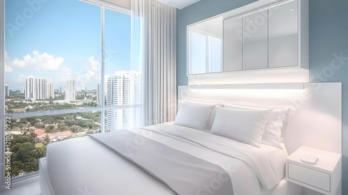 Modern Bedroom Interior Design Showcasing a City View Through Large Window with Comfortable Bed and Minimalist Decor.