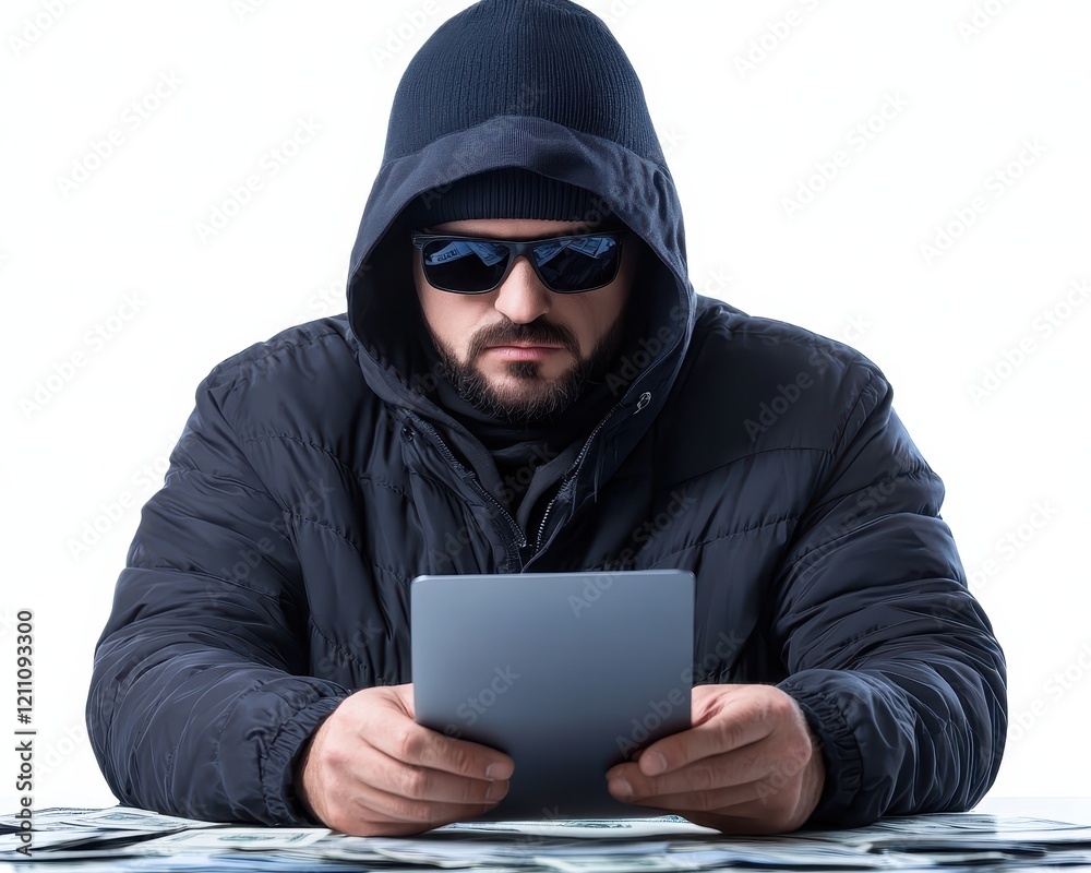Man in hoodie using tablet with cash. Man in hoodie using tablet with cash.