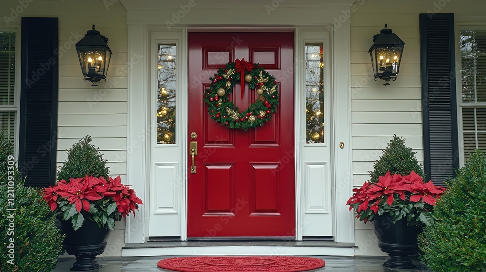 Naklejka premium Festive Red Front Door Decorated for Christmas with Wreath and Poinsettias