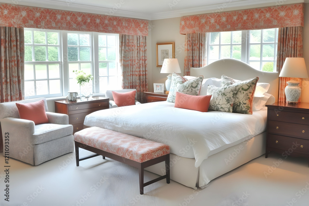 Fototapeta premium Elegant Bedroom Interior Design Showcases a Luxurious and Tranquil Space with Coordinated Decor Beautifully.