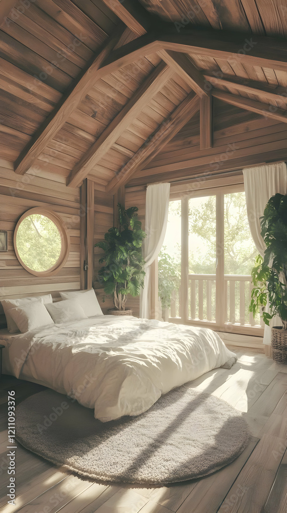 Fototapeta premium Serene Bedroom Interior Design Shows a Cozy Bed with Plants and Sunlight Quietly Illuminating the Room.