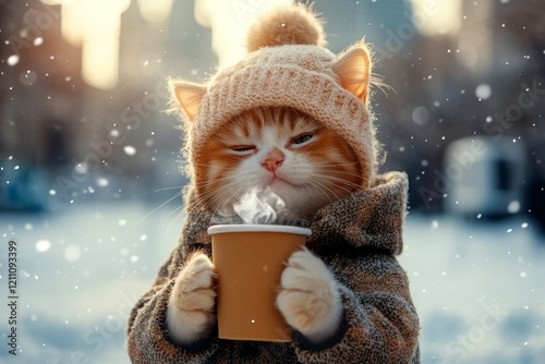 Problem of endangered animals. Sad cute baby cat havana brown in winter warm clothes, holding steaming cup with rising steam in paws. Social promotion - animal care. Pet frost wrap. photo