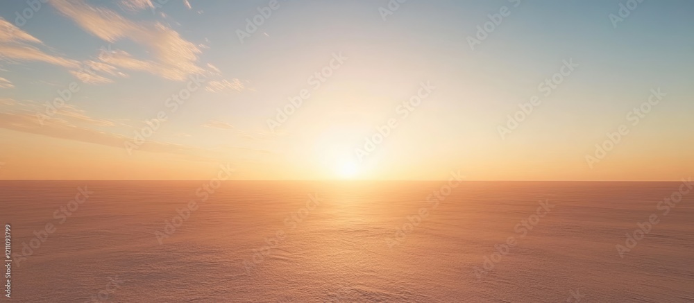Fototapeta premium A peaceful sunrise or sunset sky with a smooth gradient from light blue to golden yellow, wispy clouds, and a soft glowing sun casting a serene light over the horizon.