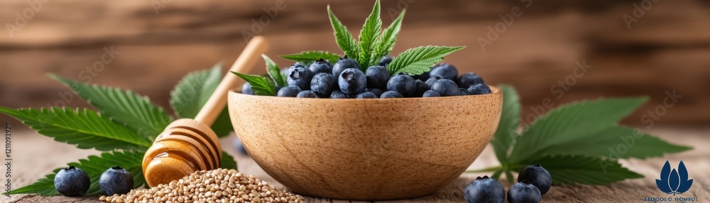 Bowl of blueberries with honey and leaves. Bowl of blueberries with honey and leaves.