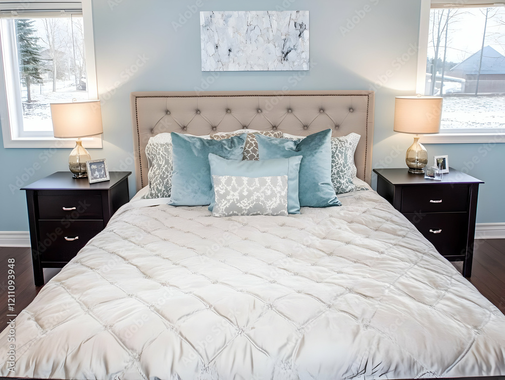 Obraz premium Elegant Bedroom Interior Design Showcases a Comfortable Bed with Stylish Pillows, Soft Lighting, and a Calming Color Palette.