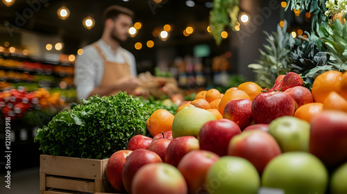 Fresh Produce Displayed Beautifully at a bustling market with apples, oranges, lettuce, and a blurred worker in the background.