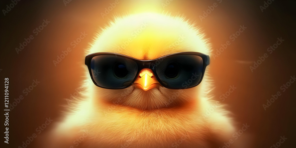 Fluffy Chick Wears Sunglasses in a Warmly Lit Close-up Portrait Against a Brown Background Fluffy Chick Wears Sunglasses in a Warmly Lit Close-up Portrait Against a Brown Background