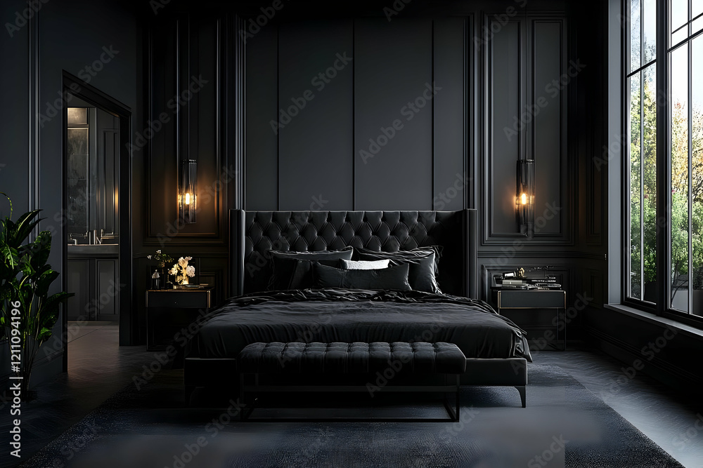 Fototapeta premium Luxurious Dark Bedroom Interior Design with Elegant Black Furniture and Paneling