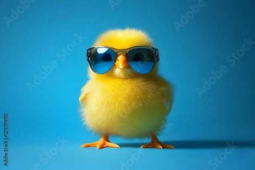 Fluffy Yellow Chick Wearing Sunglasses Stands Confidently Against a Vibrant Blue Backdrop photo