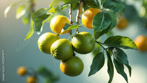 Green bergamot fruit hanging on a branch
