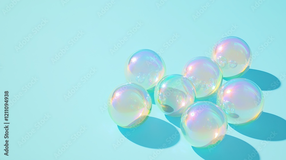 Iridescent soap bubbles on pastel blue background Iridescent soap bubbles on pastel blue background