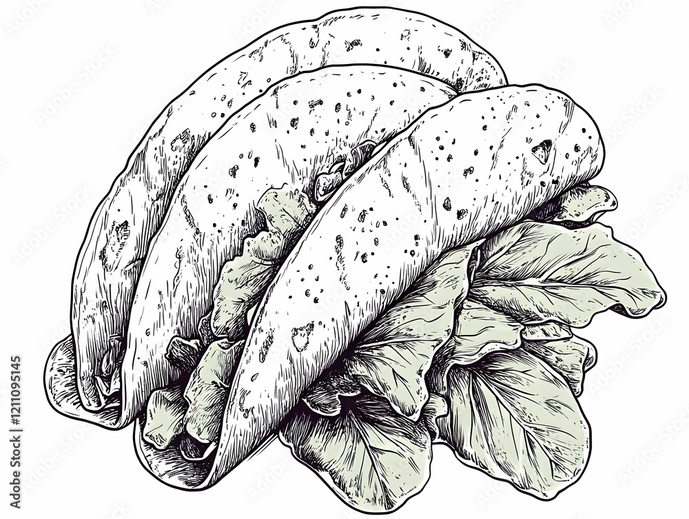 Fototapeta premium Three Soft Tacos Filled with Lettuce Drawn in Detailed Illustration Style