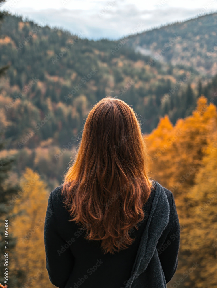 Back view woman overlooking autumn forest Back view woman overlooking autumn forest