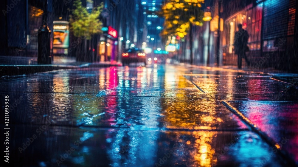 Obraz premium Rainy City Night Reflections