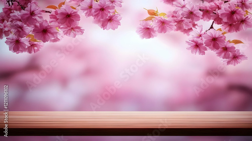 Pink blossoms frame a woode...