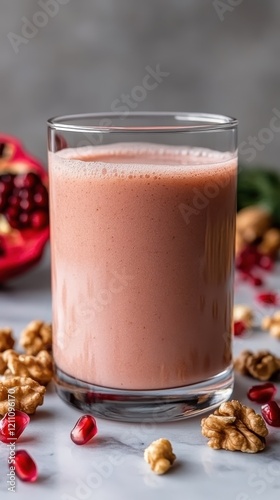 Pomegranate smoothie in glass with nuts