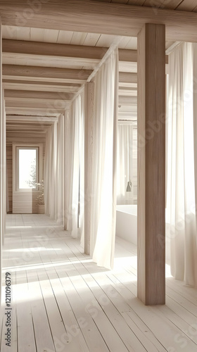 Minimalist Wooden Interior with White Curtains and Sunlight Bathing the Floor