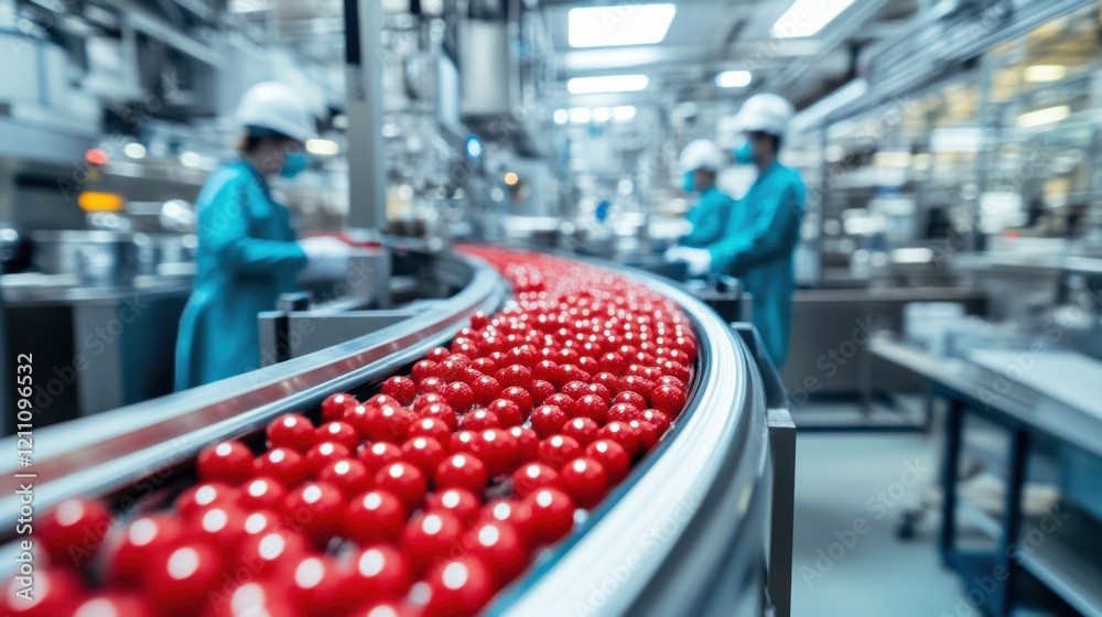 Obraz premium Conveyor Belt of Red Spheres in a Modern Factory