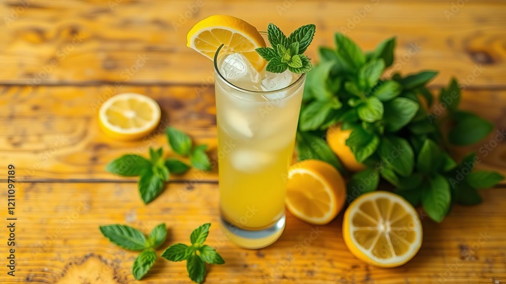Fototapeta premium Refreshing lemon drink with mint leaves and slices of lemon on yellow wooden table, creating a bright and cheerful atmosphere, yellow, wooden table, cheerful