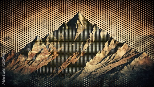 Abstract Mountain Range in Vintage Halftone Style with Grunge Texture and Dark Tones