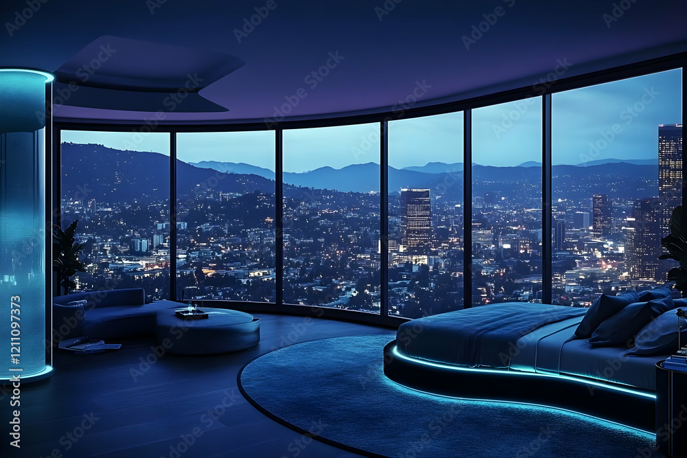 Fototapeta premium Modern Bedroom Interior Design Showcases a Stunning Night Cityscape View through Panoramic Windows
