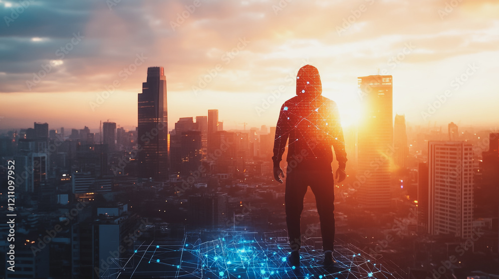 Hacker are planning to hack and attack networks and cyber security systems.Smart digital city with connection Innovation network reciprocity over the cityscape Hacker are planning to hack and attack networks and cyber security systems.Smart digital city with connection Innovation network reciprocity over the cityscape