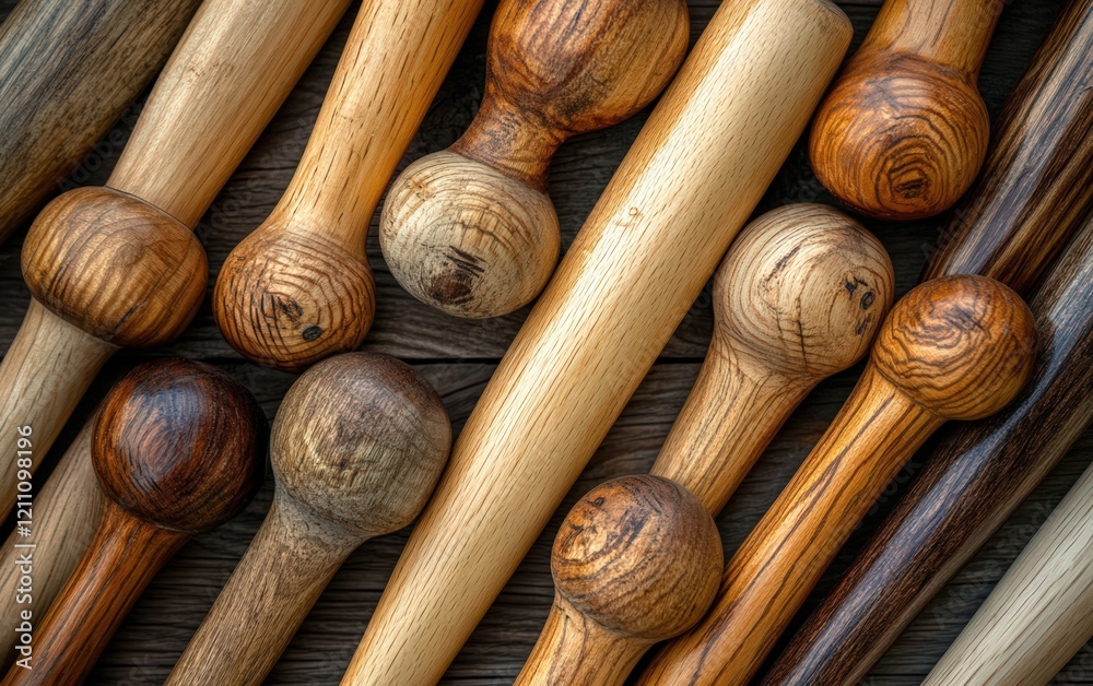 A captivating array of handcrafted wooden bats, showcasing unique grains and colors. A testament to skilled artistry. A captivating array of handcrafted wooden bats, showcasing unique grains and colors. A testament to skilled artistry.