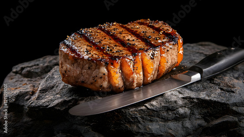 Grilled steak rests on a da...