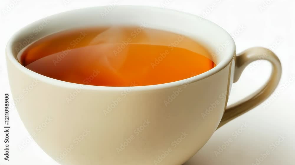 Steaming cup of tea in white mug on white background sequence Steaming cup of tea in white mug on white background sequence