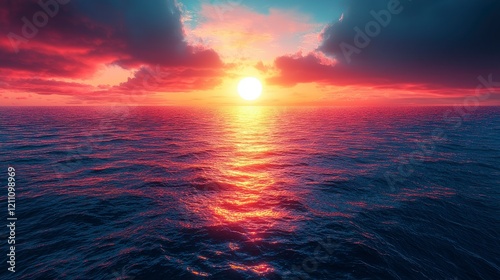 Vibrant sunset over calm ocean waters.