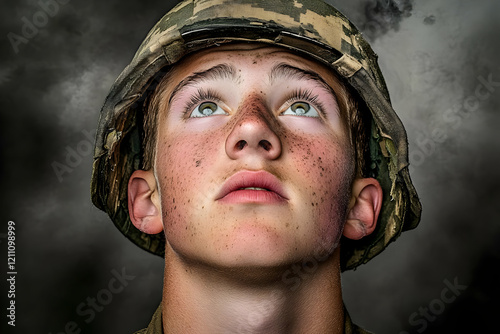 Young Soldier Looks Upward ...