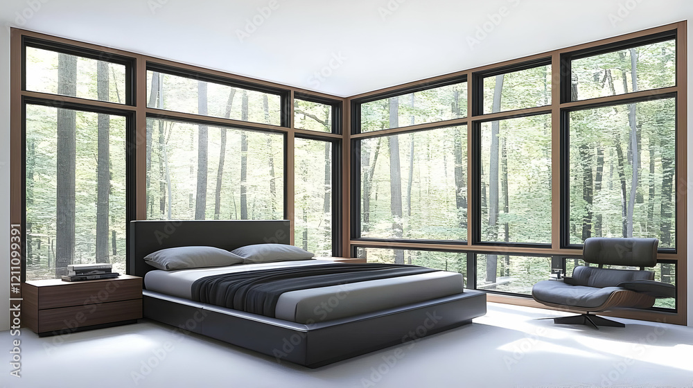 Fototapeta premium Modern Bedroom Interior Showcases a Platform Bed with Forest Views Through Large Windows.