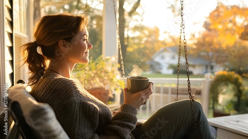A mother relaxing on a porch swing, enjoying a peaceful morning with a warm drink
