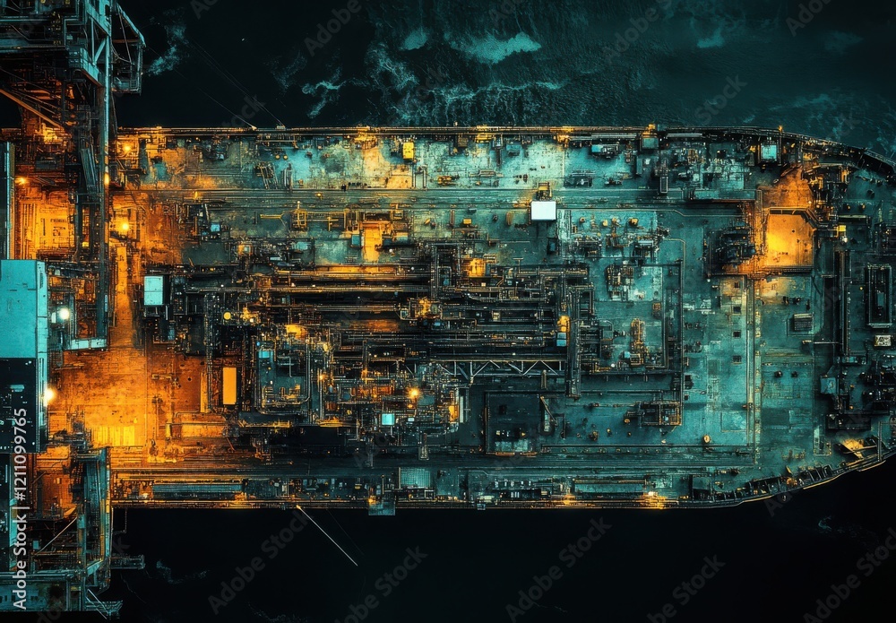 Aerial View of a Large Offshore Oil Rig at Night Glowing with Lights and Surrounded by Dark Ocean Waters, Capturing the Industrial Power and Technology of Energy Production Aerial View of a Large Offshore Oil Rig at Night Glowing with Lights and Surrounded by Dark Ocean Waters, Capturing the Industrial Power and Technology of Energy Production