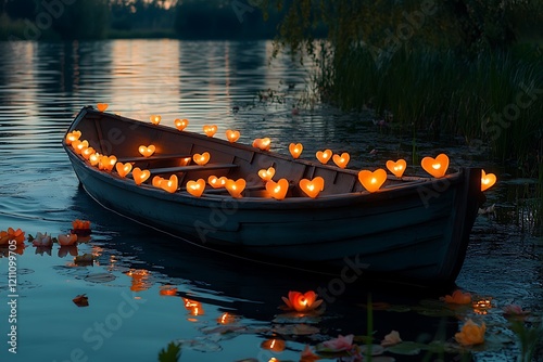 Heart shaped candles illuminate a rowboat on a calm lake photo