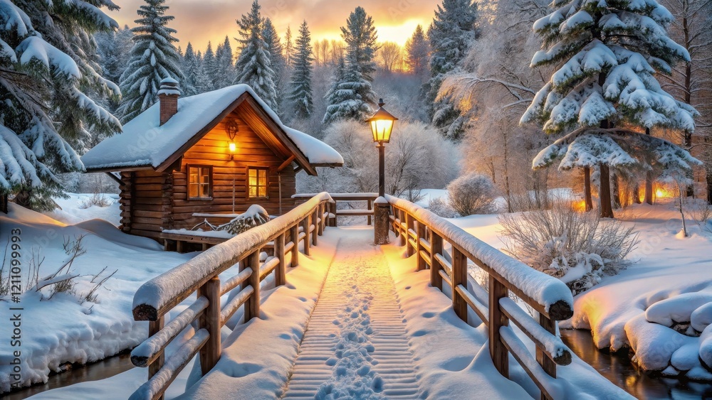 A Serene Winter Wonderland Snow-Covered Bridge Leading to a Cozy Cabin at Sunset A Serene Winter Wonderland Snow-Covered Bridge Leading to a Cozy Cabin at Sunset