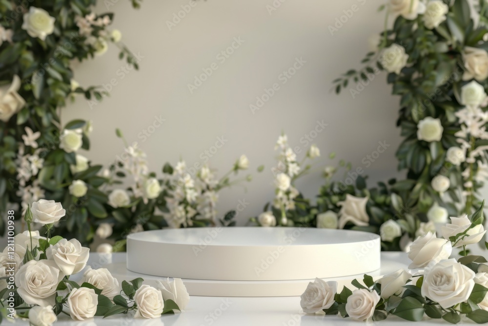 Fototapeta premium Elegant White Rose Floral Arrangement with Display Pedestal