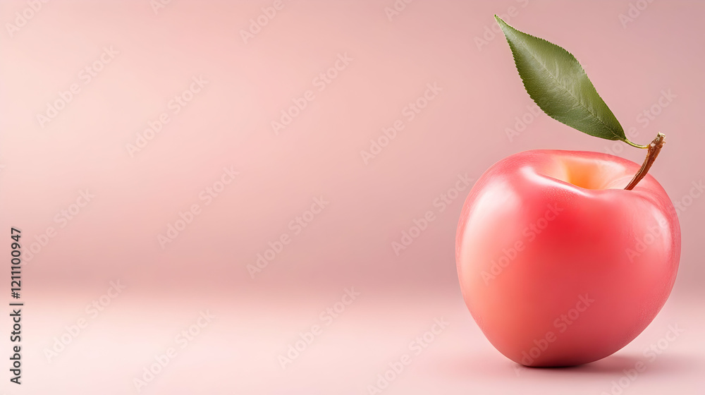 A Pink Apple Sits on a Pink Background with a Green Leaf Gracefully Attached to its Stem. A Pink Apple Sits on a Pink Background with a Green Leaf Gracefully Attached to its Stem.