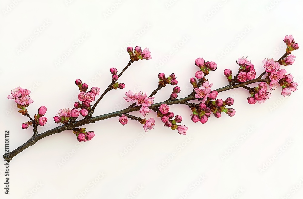 Single cherry blossom branch with pink flowers, isolated on a white background, in a flat lay composition. Single cherry blossom branch with pink flowers, isolated on a white background, in a flat lay composition.