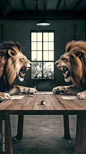Two Lions Roar Across a Tab...