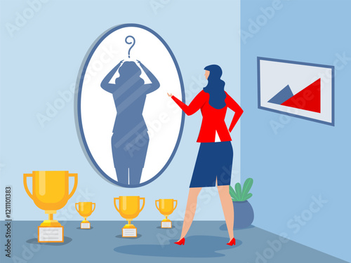 Imposter syndrome, Mental psychology concept.woman looking shadow her self on mirror with,Doubt, low self-esteem.Person doubtful in skills, talents. Flat graphic vector illustration
