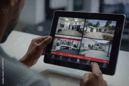 Person monitoring multiple camera feeds on a tablet in a modern setting while checking security status of various locations