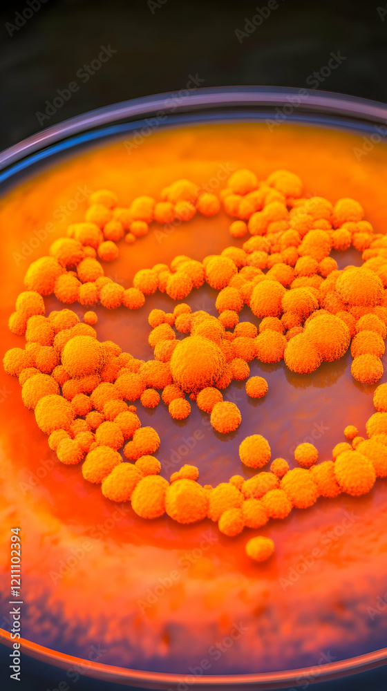 Fototapeta premium Orange Bacterial Colonies Thrive in Petri Dish Culture for Microbiology Research