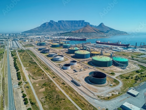 Aerial view of Cape Town waterfront with industrial storage tanks and Table Mountain in the background under clear blue sky showcasing urban development and landscape.