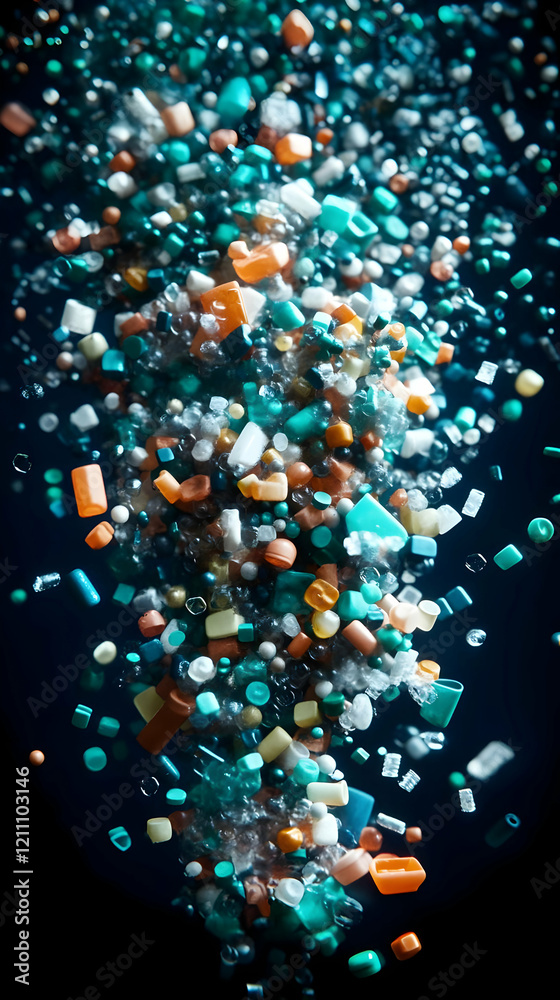 Colorful Plastic Pieces Explode Dynamically Against a Dark Background, Creating an Abstract Display. Colorful Plastic Pieces Explode Dynamically Against a Dark Background, Creating an Abstract Display.