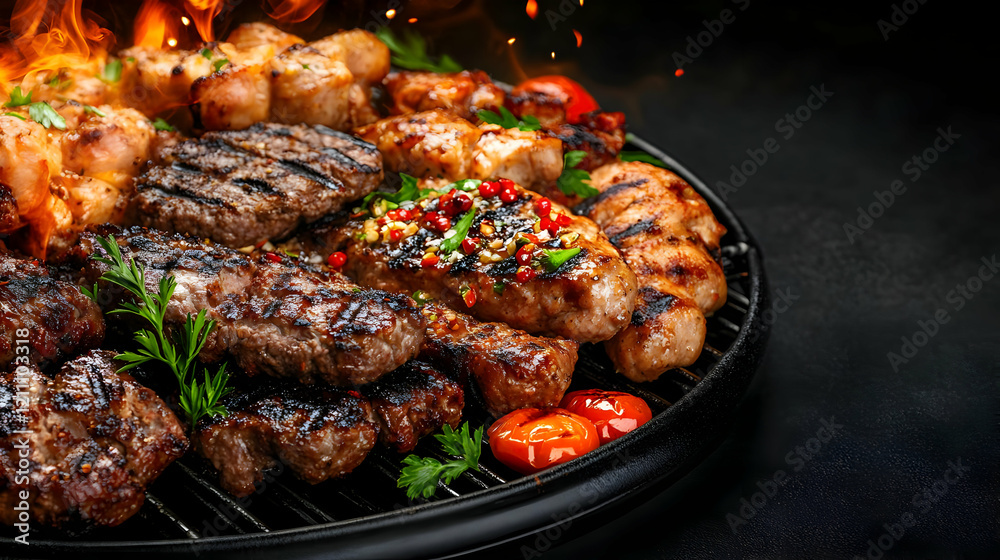 Grilled Meat Variety Sizzles with Flames and Herbs on a Barbecue Grill Grilled Meat Variety Sizzles with Flames and Herbs on a Barbecue Grill