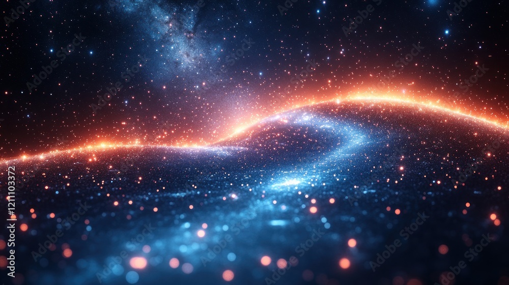 Fototapeta premium Vibrant cosmic landscape with glowing particles and waves, showcasing a stunning celestial scene