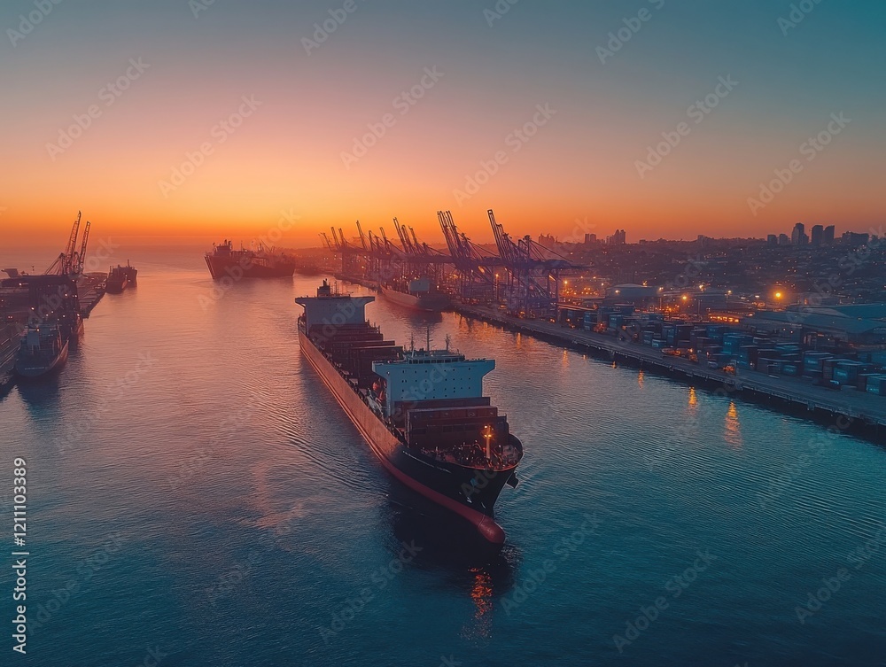 Obraz premium Aerial View of Cargo Ship Navigating Through Calm Water at Sunrise, Port Cranes Silhouetted Against the Colorful Sky in Urban Shipping Environment