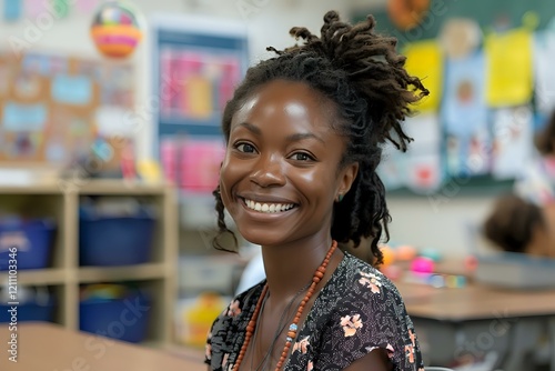 Young African American female teacher with natural hairstyle smiling warmly in colorful elementary classroom setting, perfect for education and diversity campaigns.